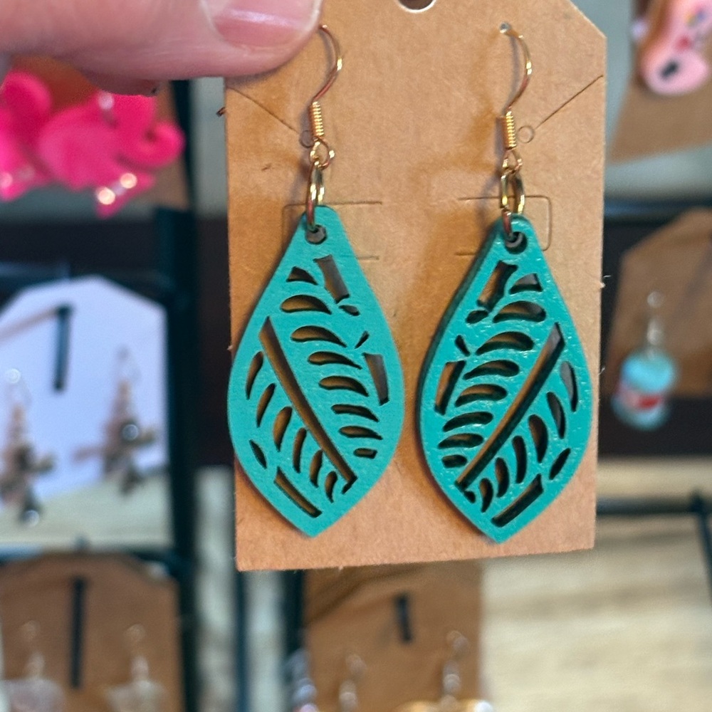 Teal Leaf Drop Earrings